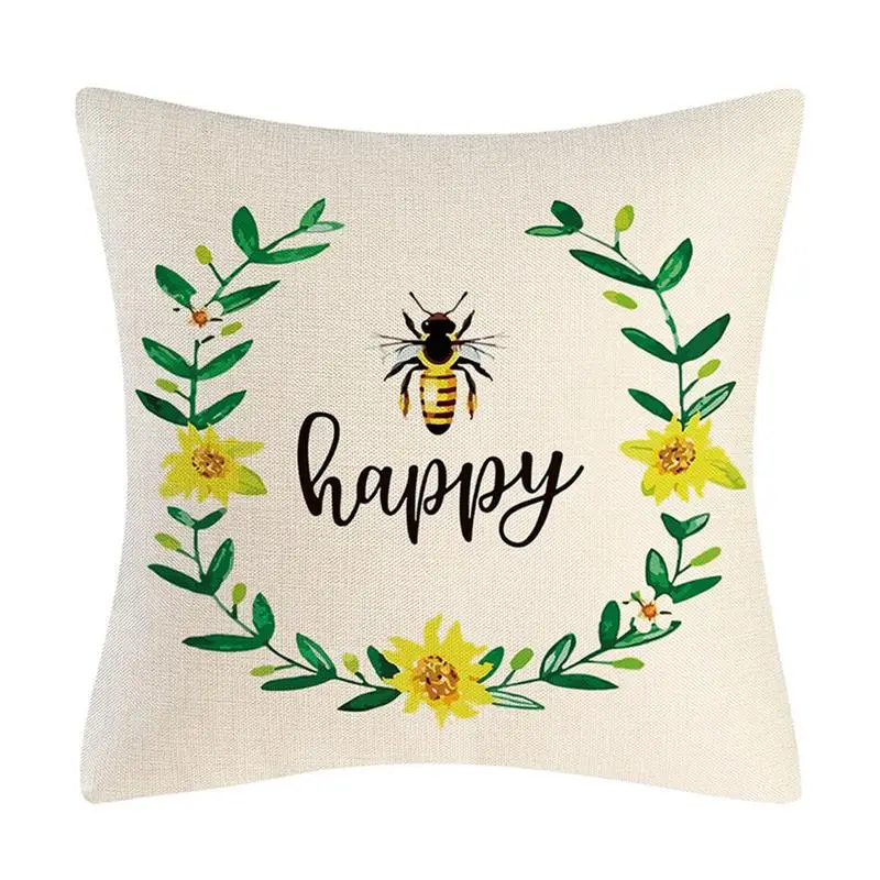 

Bee Day Cushion Cover Flax Cute Pillow Case Throw Home Decorative Sofa Happy Day Sweet Honey Animal Pillowcase