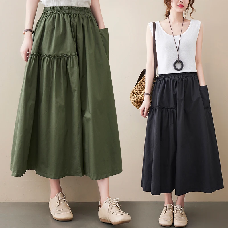 Юбка женская из хлопка и льна модная Свободная Повседневная офисная с завышенной