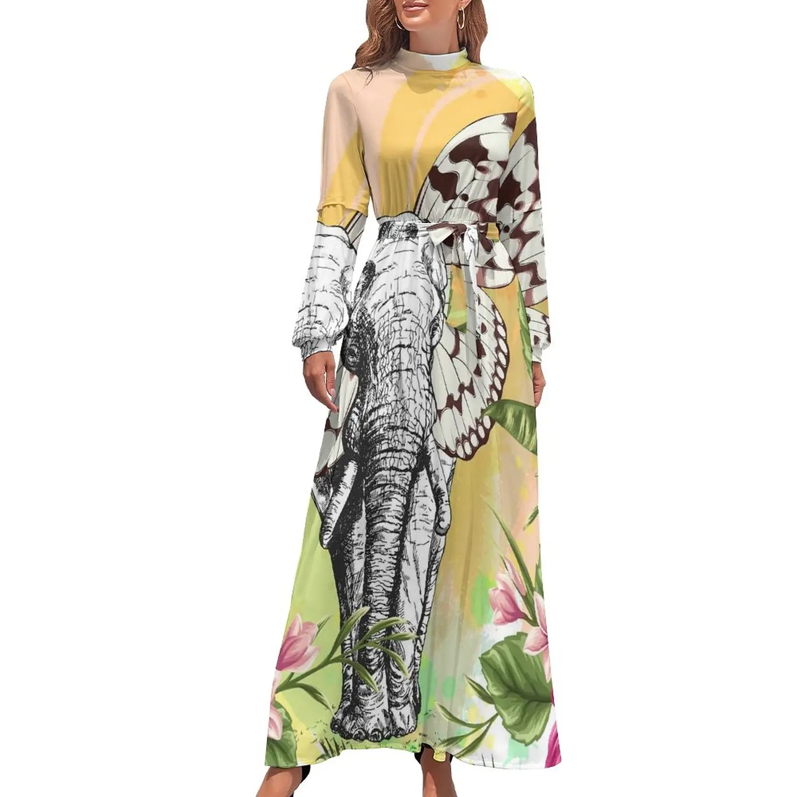 

Elephant Butterfly Dress Floarl Print Art Trendy Printed Maxi Dress High Waist Long-Sleeve Simple Boho Beach Long Dresses