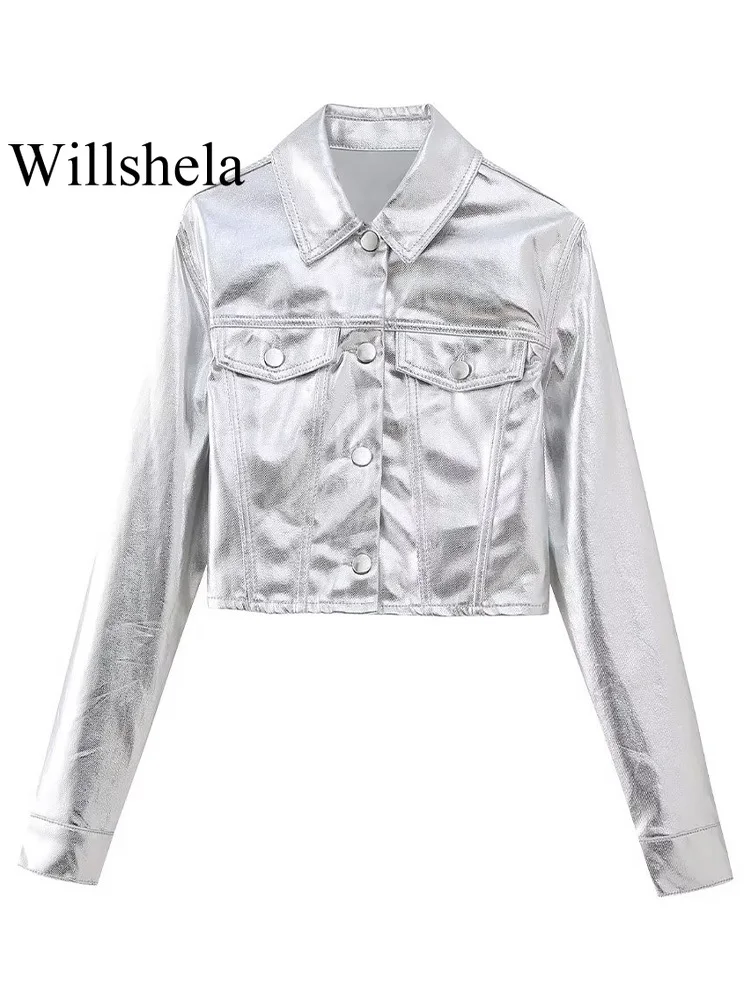 

Willshela Women Fashion With Pockets Silver Single Breasted Jackets Vintage Lapel Neck Long Sleeves Female Chic Lady Outfits