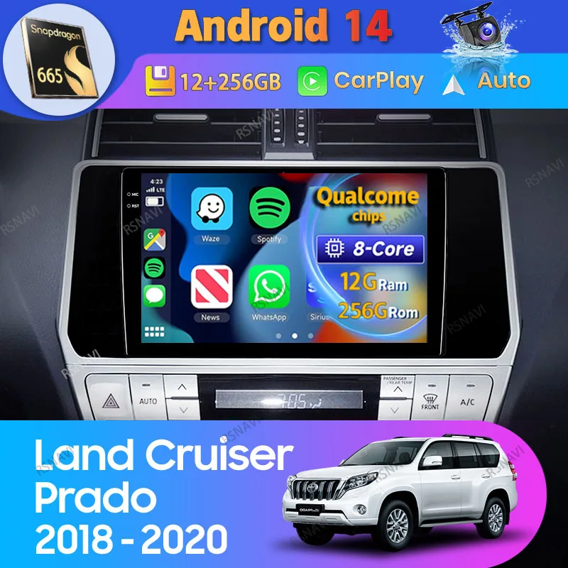 Автомобильный радиоприемник на Android 14 для Toyota Land Cruiser Prado 150 2018 - 2020 Carplay GPS