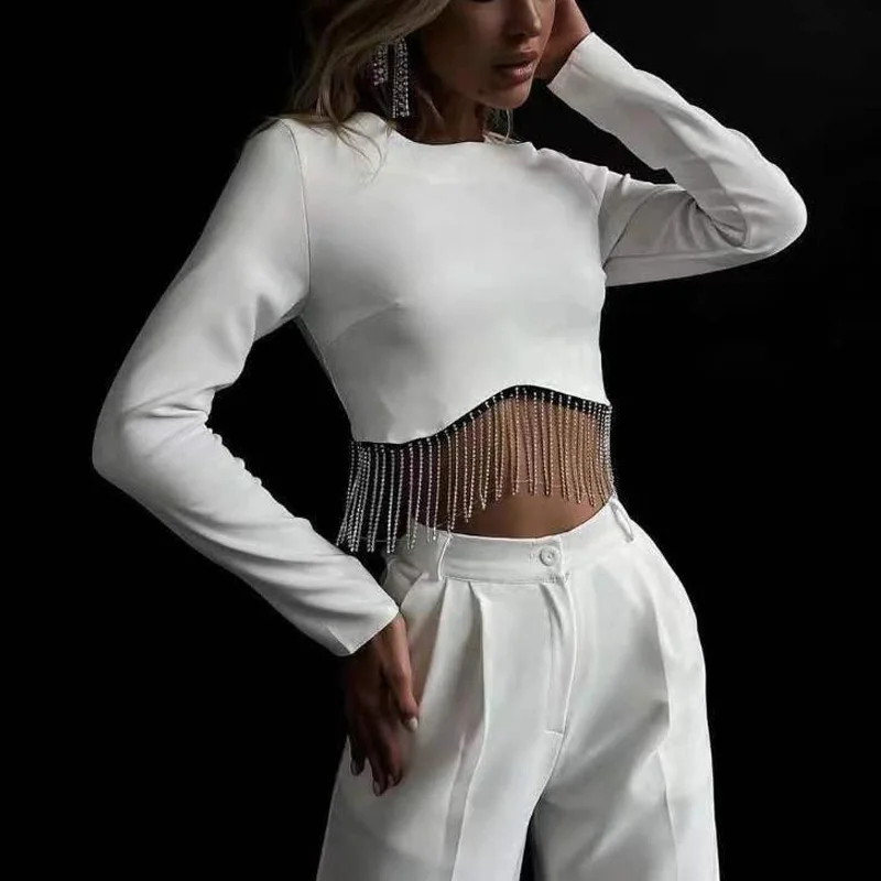 

2023 Spring New Temperament Party Outfit Office Solid Slim Set Fashion Tassels Long Sleeved O-neck Top&Straight Pants Women Suit