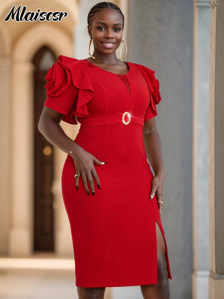Женское офисное платье миди Mlaiscsr красное с круглым вырезом и оборками коротким