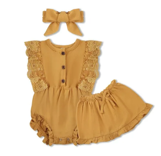 

2022 Kids Sets Rompers Shorts O-neck Collar Covered Button Elastic Waist Above Knee Length Summer Children Girls