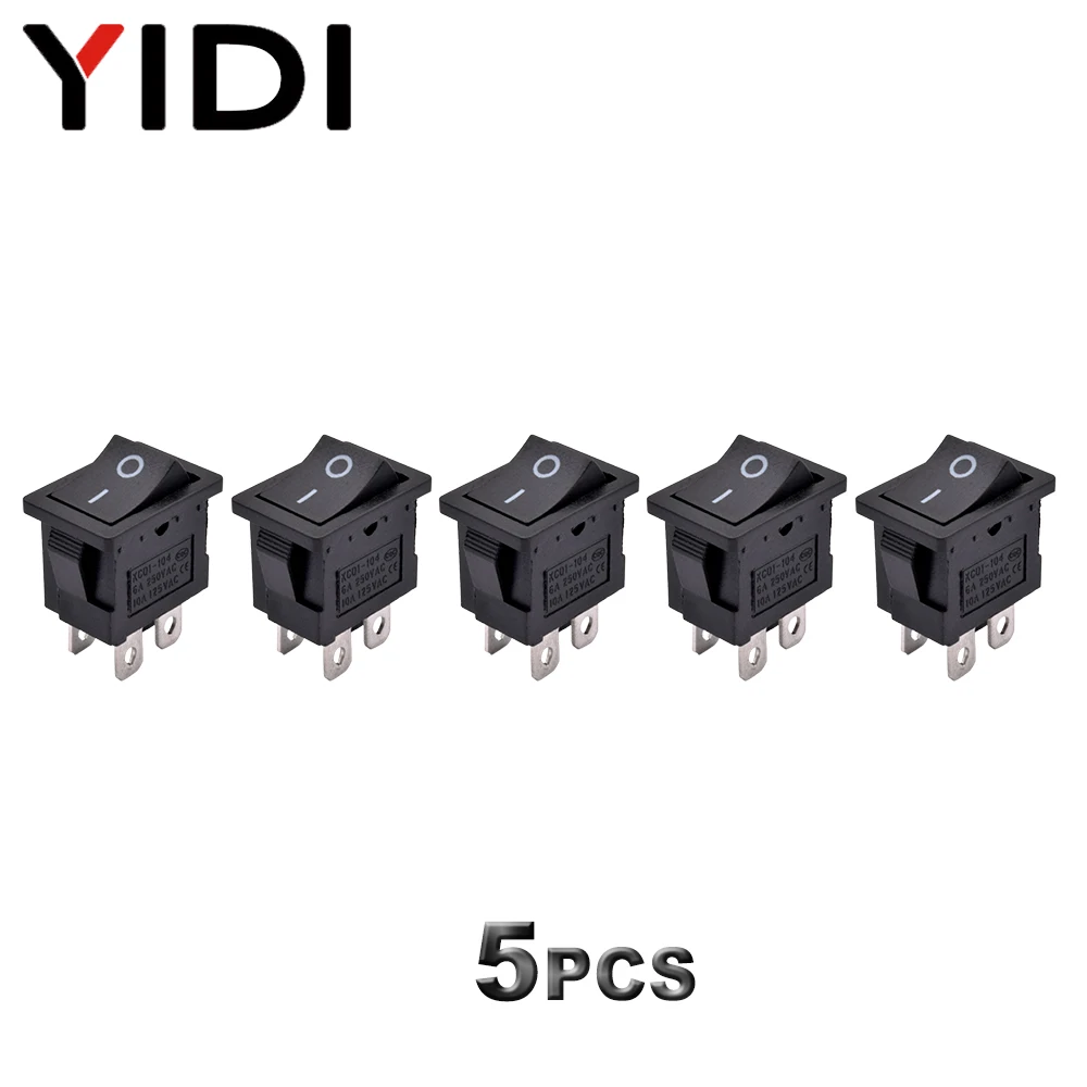 

5 шт./лот KCD1-104 пластиковый светодиодный кулисный переключатель 6A 250 В переменного тока 4-контактный вкл. выкл. DPST 12 В 220 В красная лампа черный фиксирующийся выключатель питания 15x21 мм