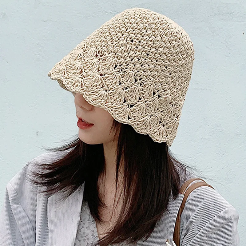 

Japanese Solid Color Straw Hat Female Summer Niche Section Breathable Lace Handmade Crochet Paper Grass Bucket Hats For Women