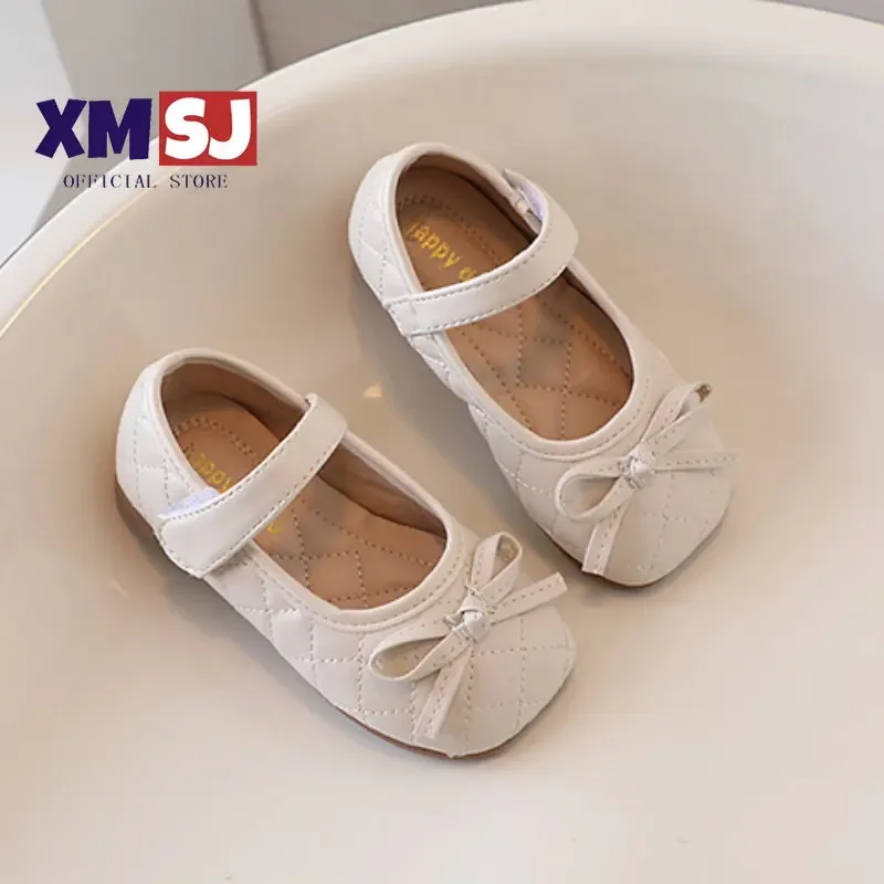 

Children Princess Shoes Sewing Bowknot Light Soft Lether Girl's Mary Janes Toddler 21-30 Square Toe Black Beige Kids Autumn Shoe