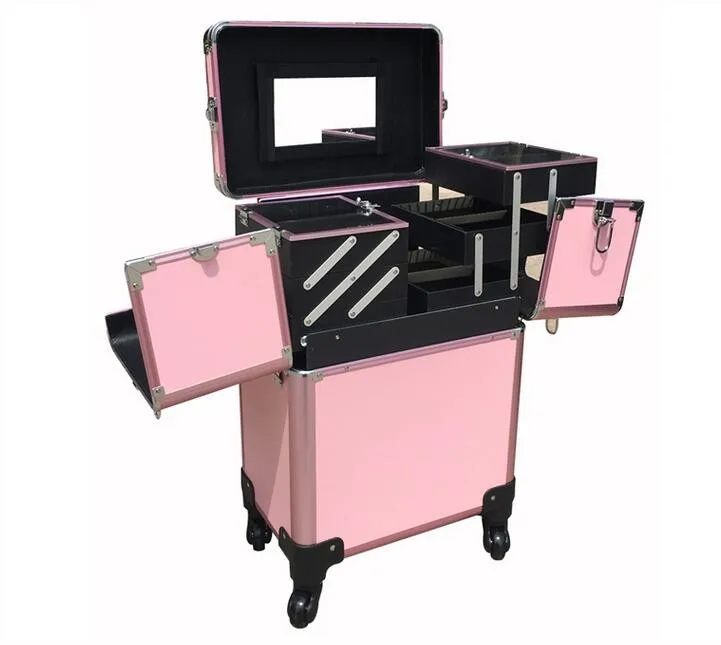 

Yaeshii Multi-Layer PVC Hardware Pink Rolling Cosmetic Makeup Trolley Case