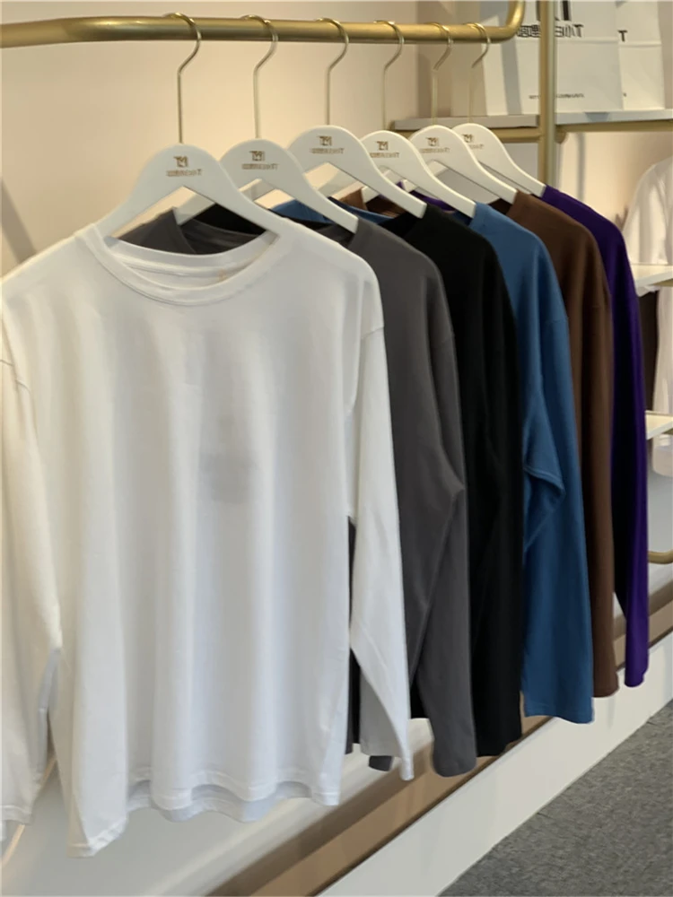 

Harajuku Solid Color Crew Neck T-Shirt Long Sleeve 200g Cotton High Quality Bottoming 3XL Oversized T Shirt Y2k Tops Clothes