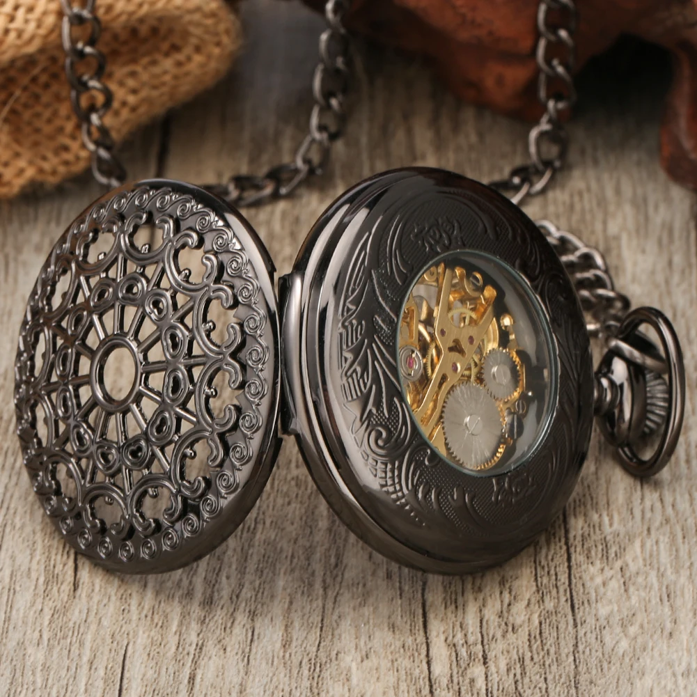 Hollow Spider Web Roman Numerals Display Manual Mechanical Pocket Watch Black Fob Chain Antique Pendant Hand-Winding Timepiece