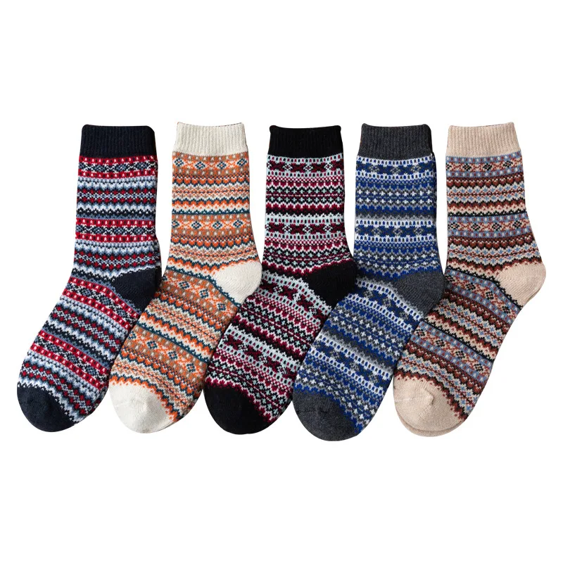 5 Pairs Autumn Winter Women Wool Socks Waves Thick Line Warmer Ethnic Style Cashmere Thermal Thicken Women Socks