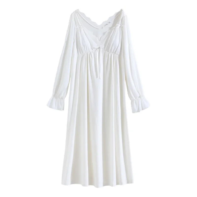 Women Spring Vintage Night Dress Long Sleeve Cotton Victorian Nightgowns Pajamas Ruffles Fairy V-Neck Princess Sleepwear