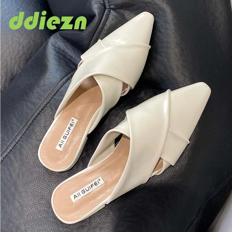 

Women Shoes Low Heels Spring Summer Outdoor Slides Pointed Toe Footwear Fashion Elegant Ladies Mules Weave Ladies Flat Slippers