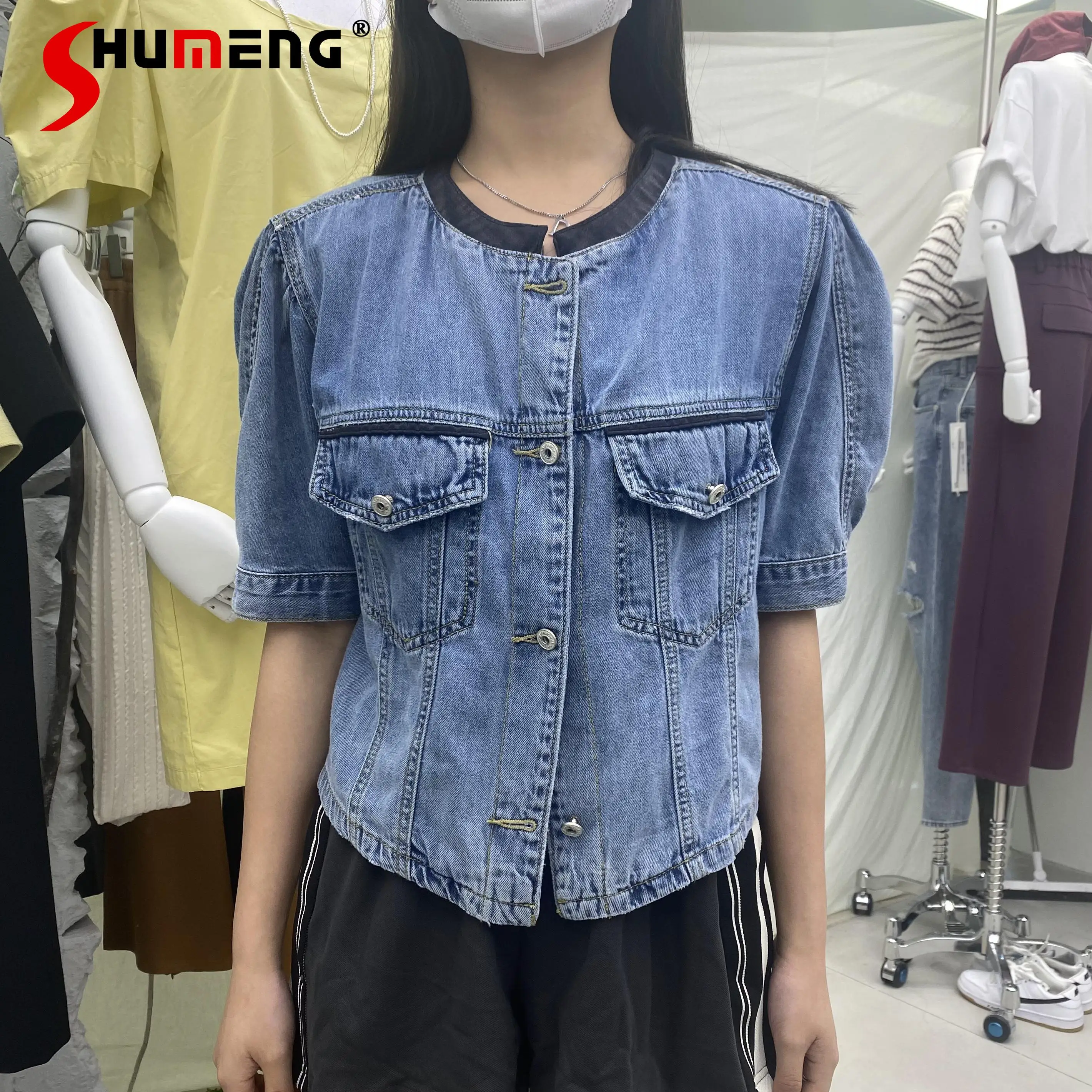 

Женская короткая джинсовая куртка, элегантная свободная тонкая синяя укороченная джинсовая куртка с длинным рукавом, в Корейском стиле, дл...