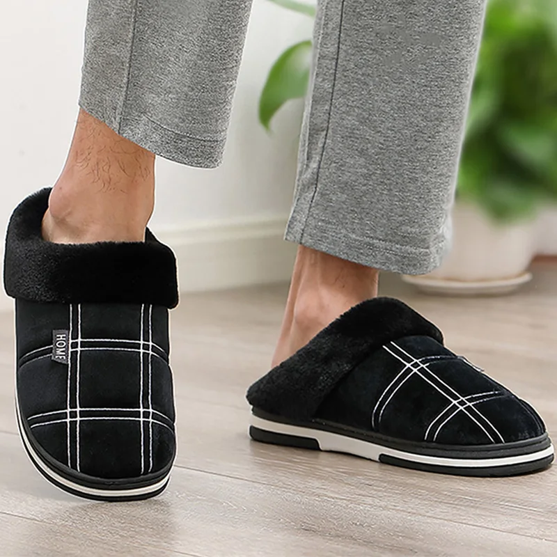 Home Slippers Size 50 Warm Antiskid Sturdy Sole House Shoes For Men Gingham Velvet Suede Fur Slippers