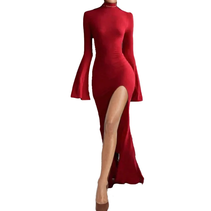 Женское платье макси с высоким воротом и длинными рукавами-фонариками