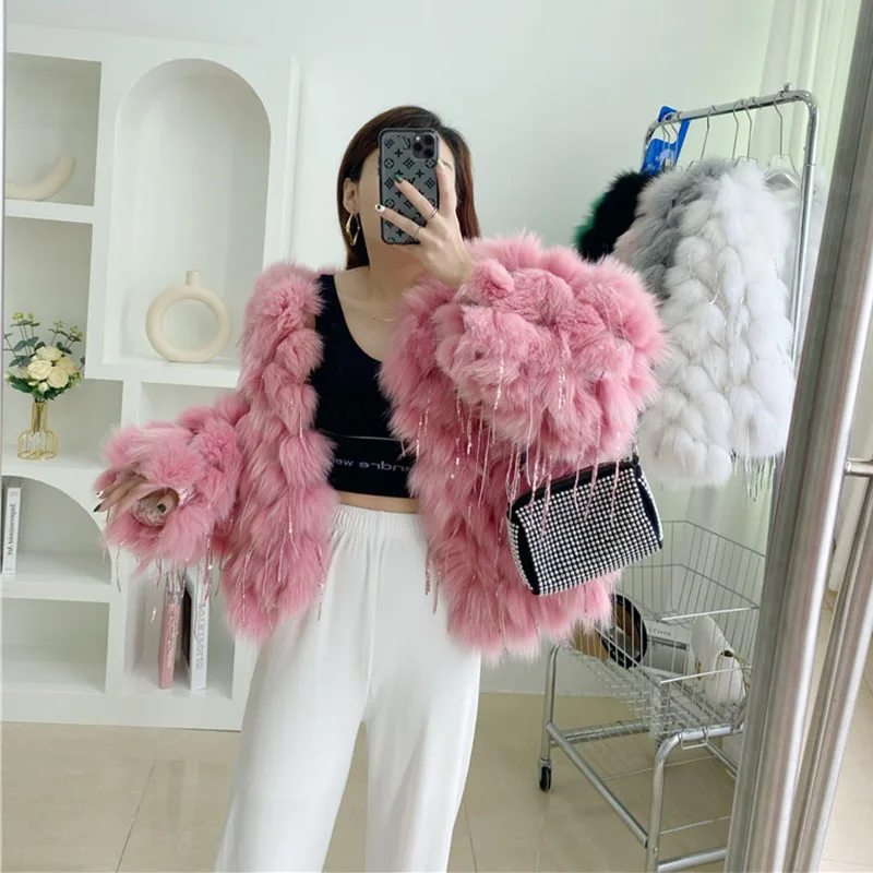 

The Latest Women's 100% Fox Fur Coat Short Cardigan Women's Fluffy Spring And Autumn Women's Fur Coat Tassel Coat