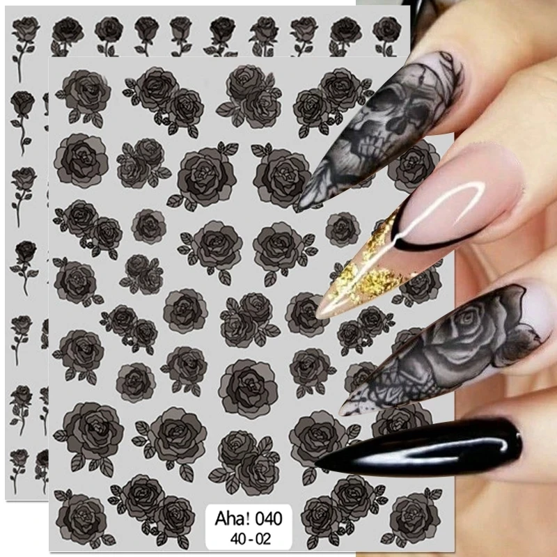 

3D Semitransparent Flowers Nail Sticker Translucent Black White Clouds Rose French Lines Nail Decals Lines Manicures Decorations