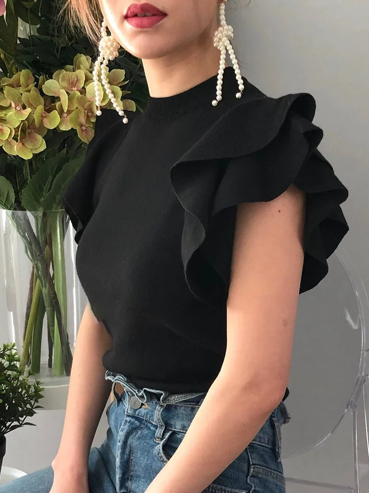 Woherb Летние Осенние вязаные топы женский короткий свитер с оборками и летящими