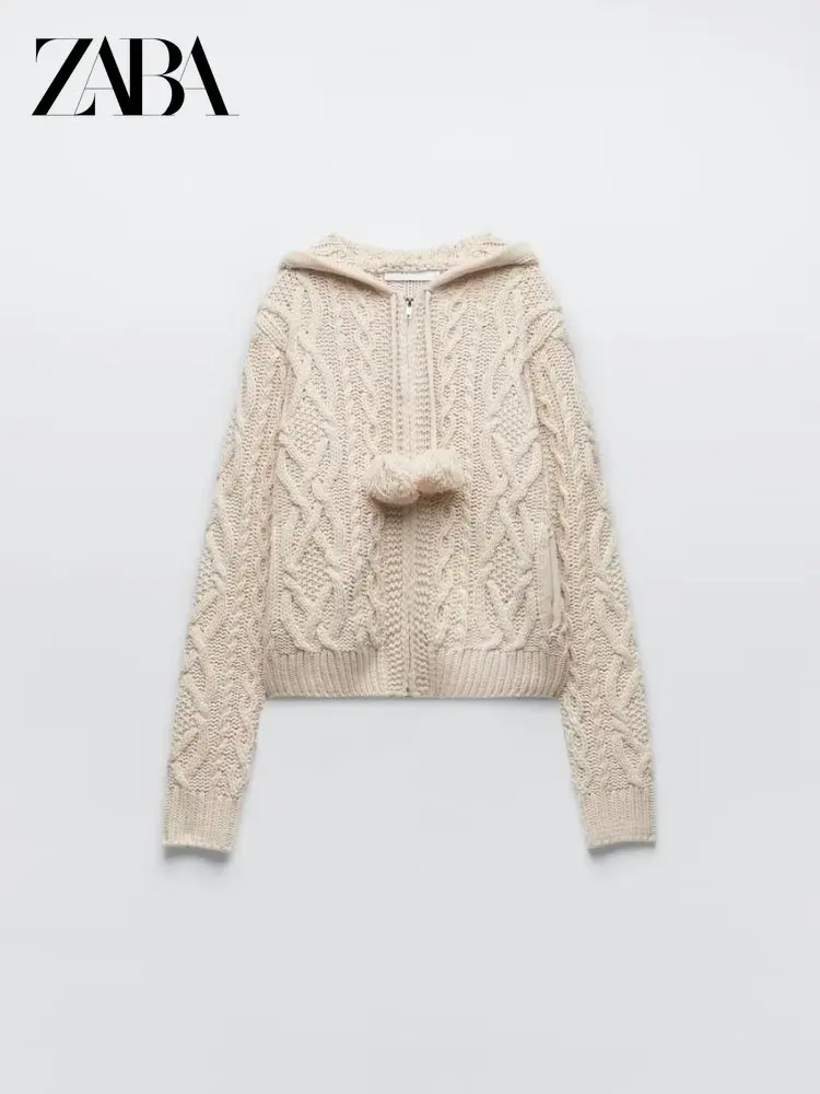 

ZABA ZAR осень-зима ZA женский новый однотонный теплый свитер с капюшоном и длинными рукавами, куртка с помпонами, украшенный капюшоном, вязаный кардиган