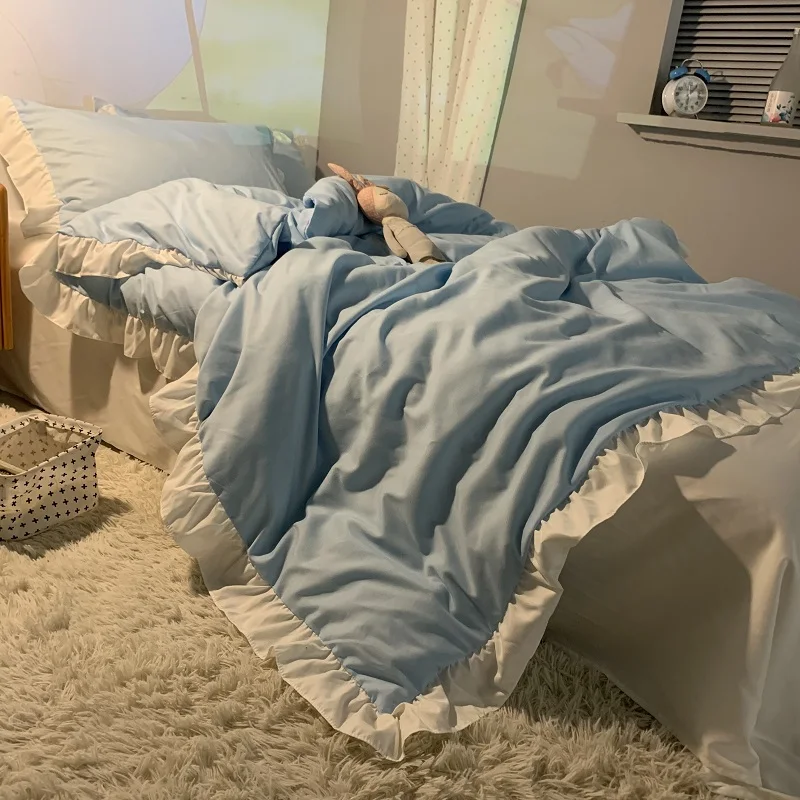 Корейский Sle небесно-голубой кружевной пододеяльник с листьями лотоса