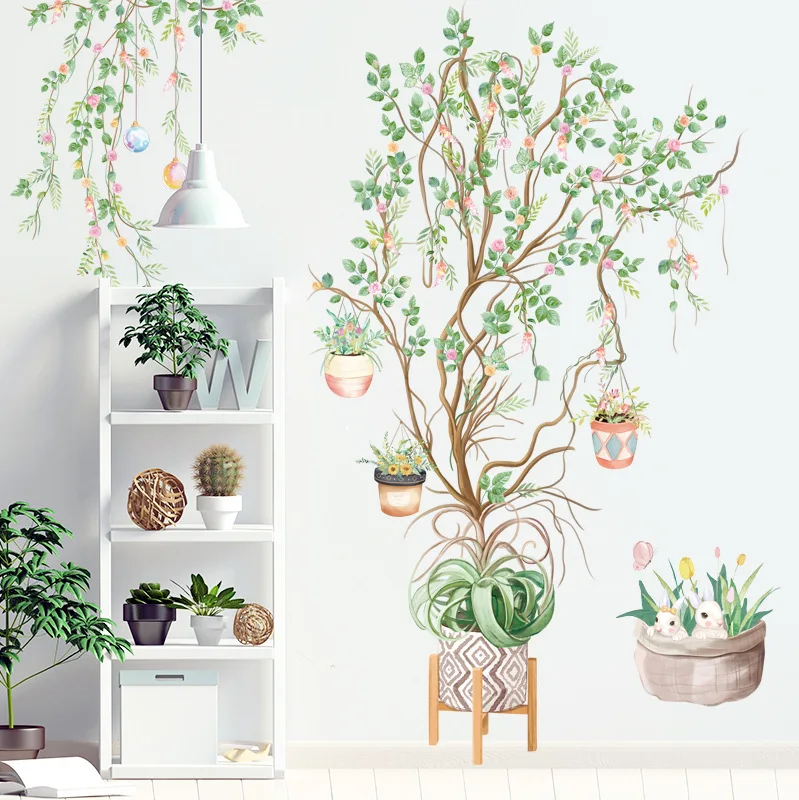 

Flower Tree Plant Wall Stickers Vine Potted Rabbit Wall Posters Decals Vinyl Self-Adhesive Wallpapers for Home Decoration