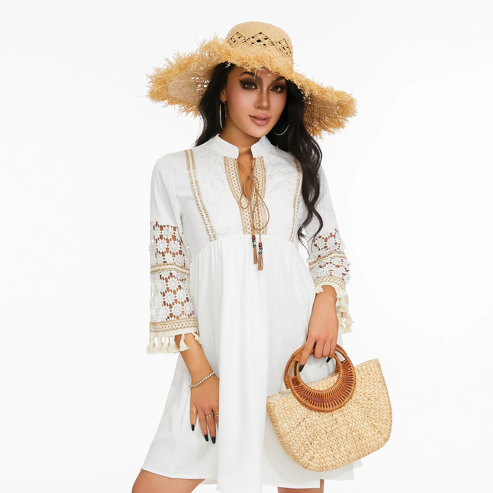 

Women Summer Casual Loose Dress Ladies Fashion Flower Lace Spliced Tassel Tie-Up 3/4 Sleeve Dress