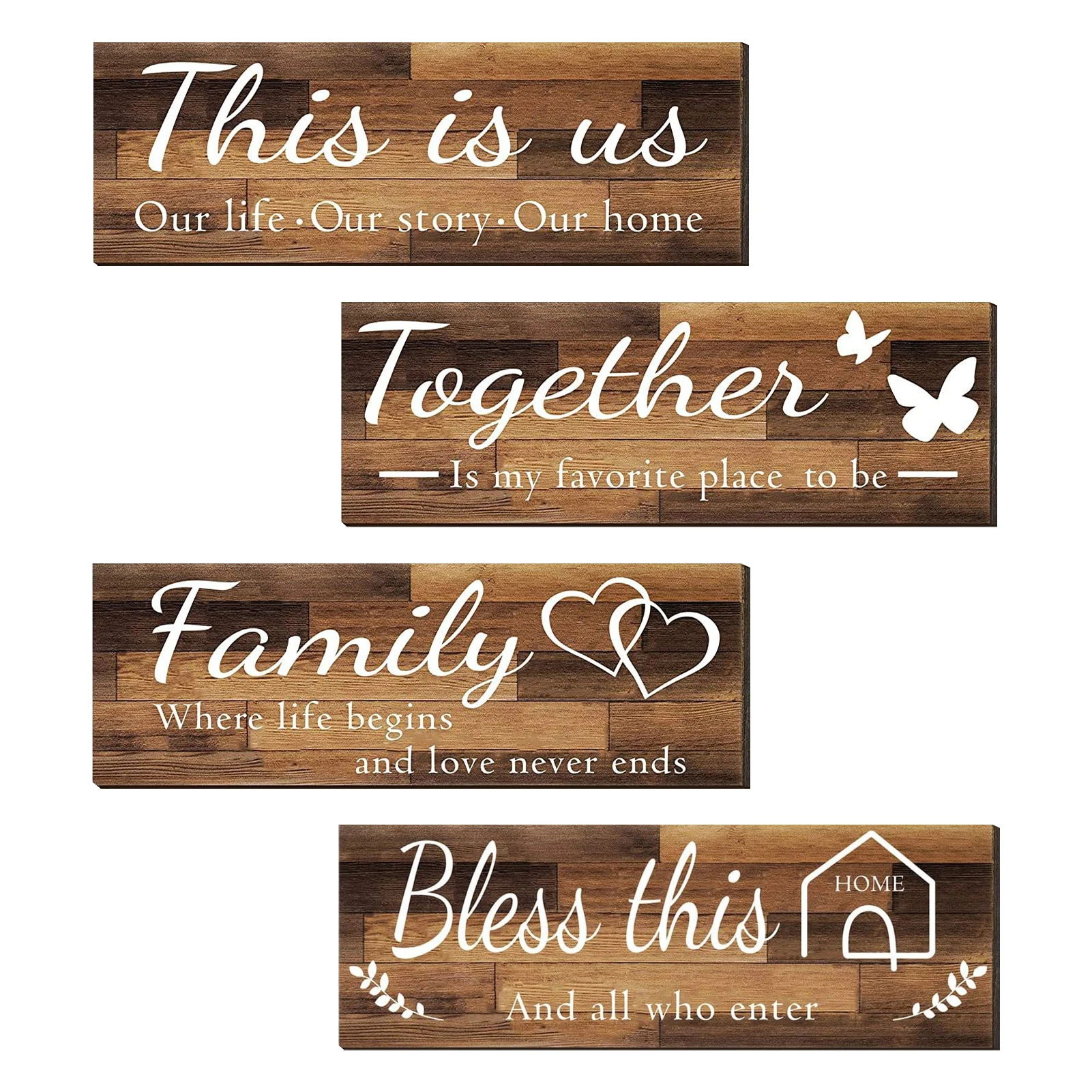 

4pcs Funny Art Wall Decor Rustic Vintage Elegant Hanging Plaque Wooden Signs Family Brown Base Together Kitchen Living Room
