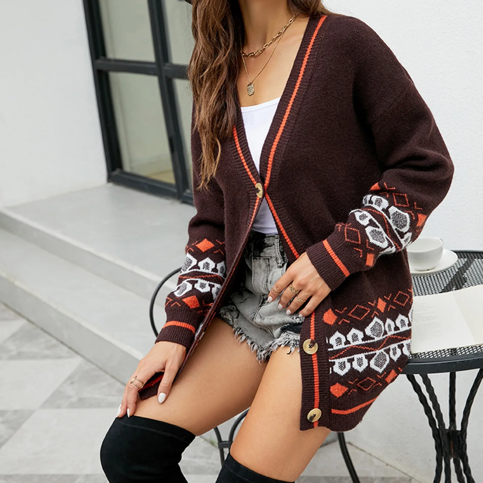 

Women Vintage Printed Sweater Cardigan 2022 Check Winter Casual Long Sleeve Ladies V Neck Outwear Overcoat Print Coats Lady Tops