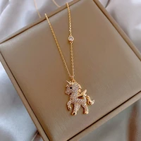 2022 new cute animal pendant necklace for women temperament rhinestone horse pearl letter clavicle chain girl party jewelry gift