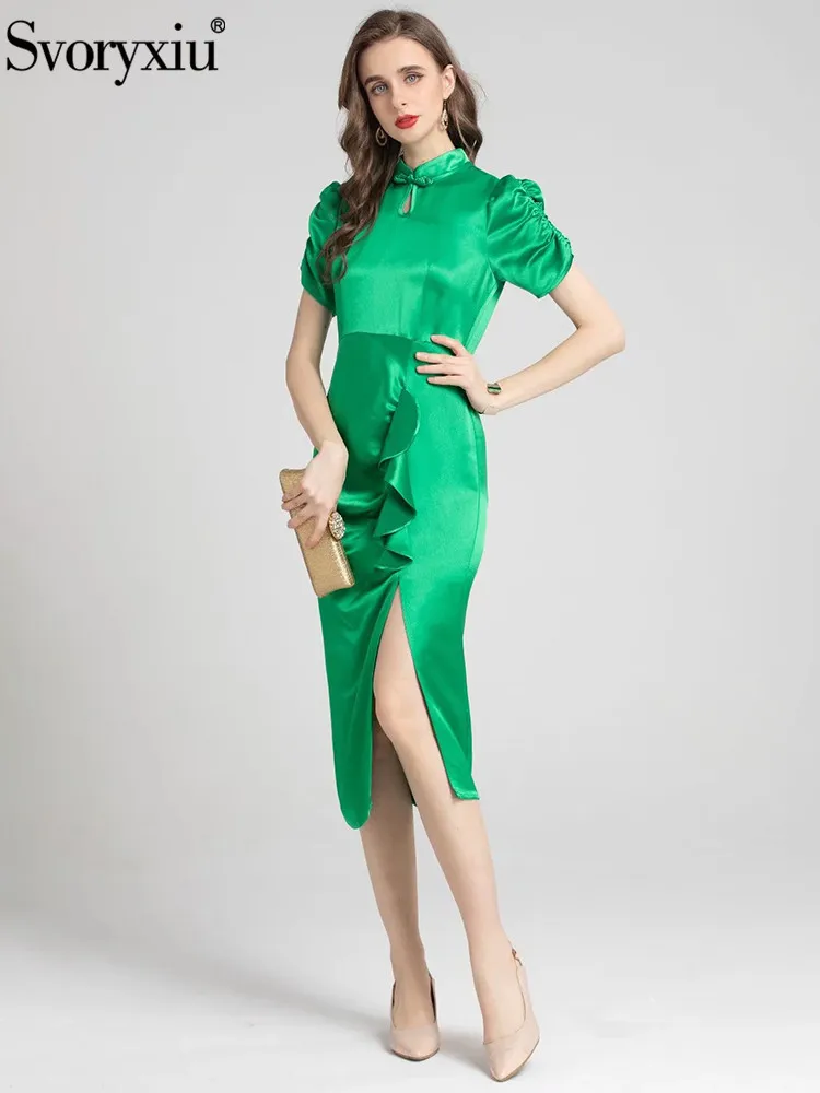 

Svoryxiu Summer Designer Green Midi Dress Women's Short Sleeve Ruffle Package Buttocks Side Split Minimalist Slim Party Dress