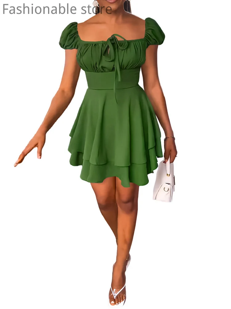 

Women Square Collar Ruched Short Sleeve Solid Color High Waist A-Line Dress