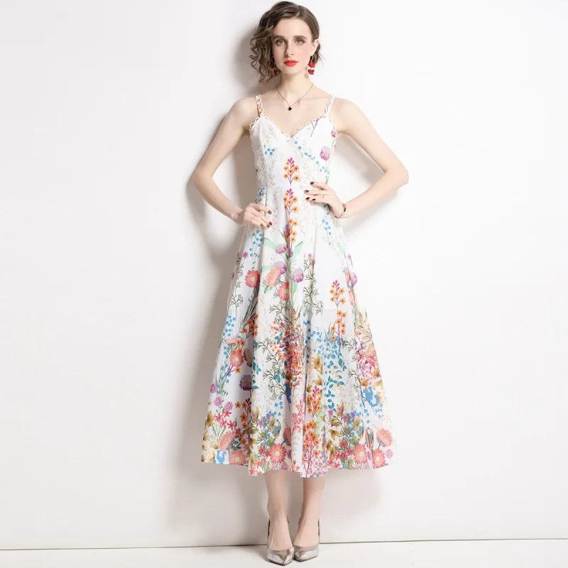 

Женское модельное Праздничное Платье макси с цветочным принтом, ажурное длинное пляжное праздничное платье на бретелях-спагетти с открыто...