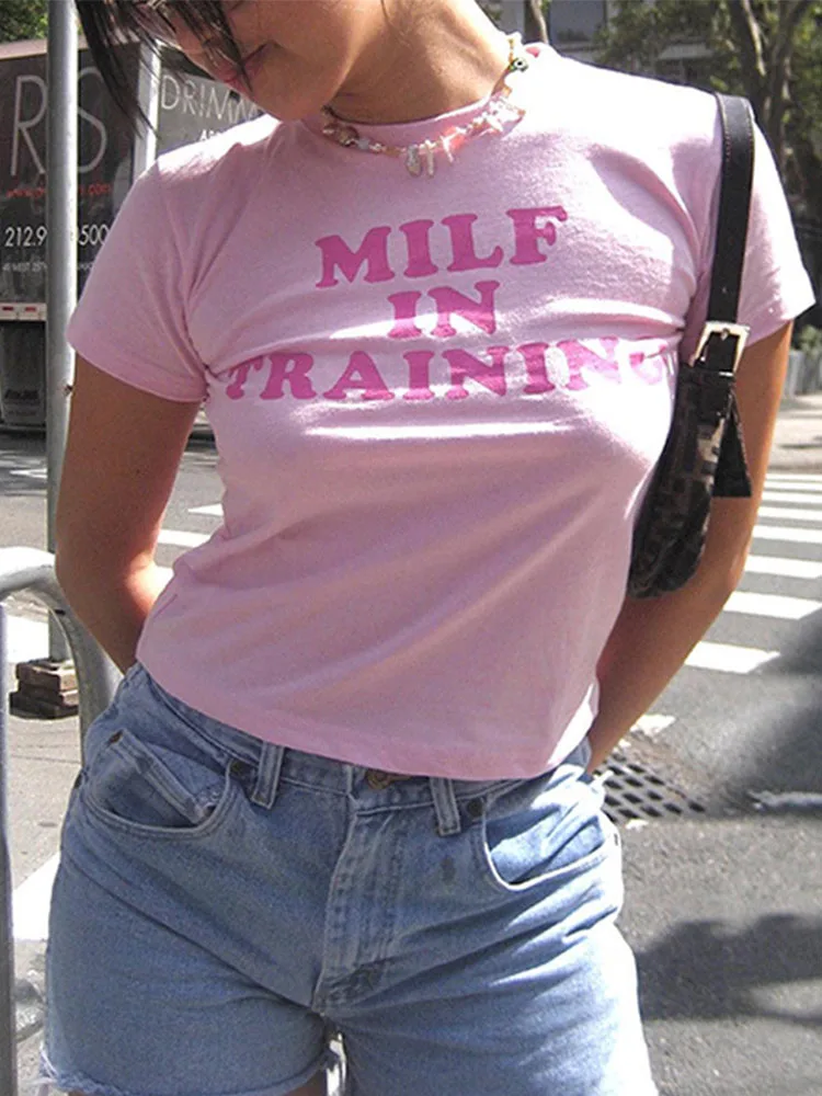 Monogram Tee Crew Neck Short Sleeve Fit Baby Y2k Women's Streetwear Cropped Top Summer Purple Pink Y2K