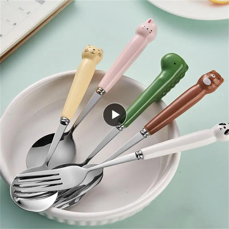 

Home Flatware Children Tableware Cake Fruit Cartoon Cute Spoon Fork Stainless Steel Snack Cake Dessert Forks Dessert Scoop Spoon