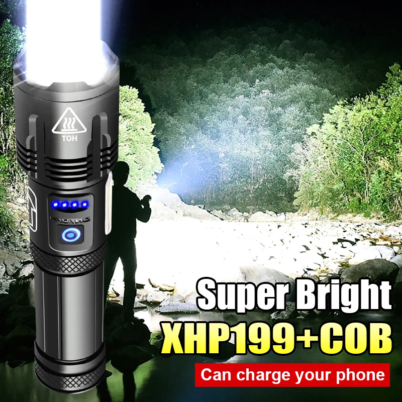 Супер яркий светодиодный фонарик XHP199 мощный тактический фонарь перезаряжаемый