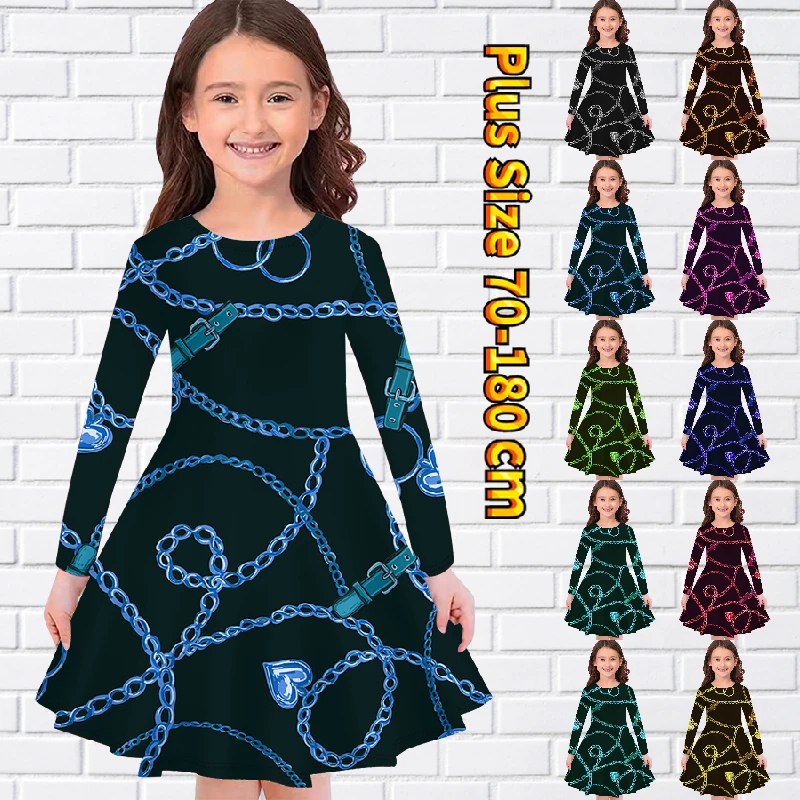 

Autumn Winter Fashion Casual Long Sleeve Skirt Little Girl Round Neck Midi Skirt Knee Skirt New Design Printing Princess Skirt