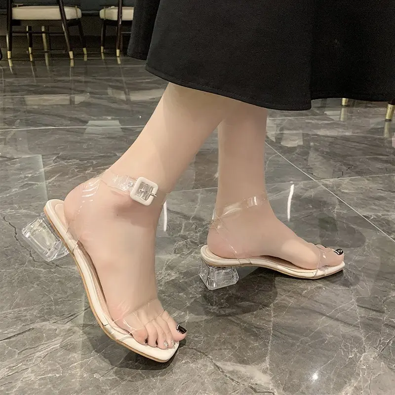 

Туфли женские на высоком прозрачном каблуке, летние дышащие шлепанцы с квадратным носком, пикантные модные тапочки, сланцы