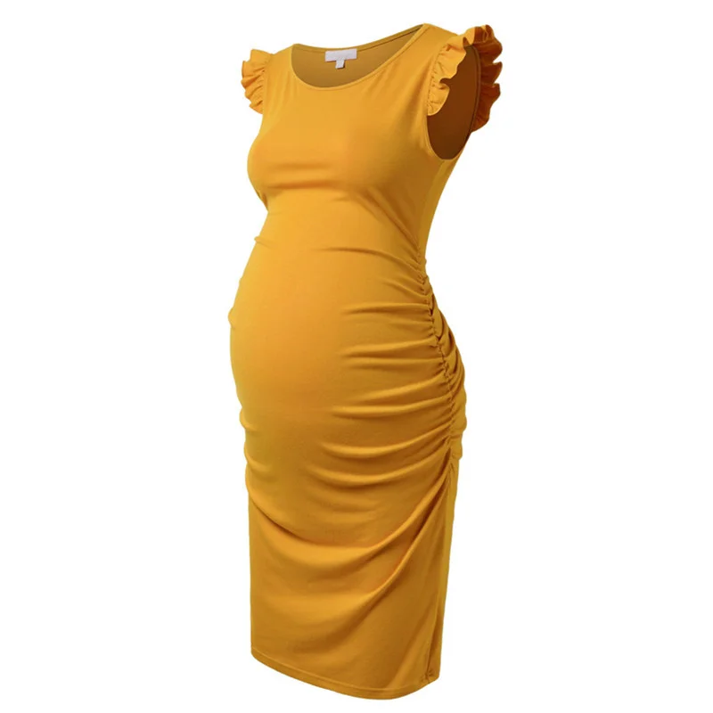 

Maternity Dresses Summer Stretchy Flying Sleeve Ruched Side Baby Shower Bodycon Pregnancy Dress Clothes for Pregnant Women