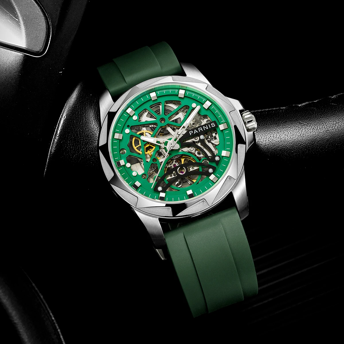 Модные мужские механические наручные часы Parnis 43 мм с календарем желтым