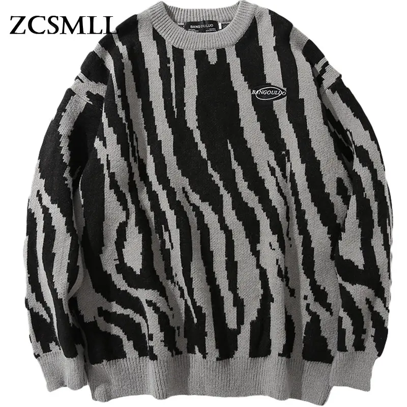 

Japanese Harajuku Vintage Sweater Winter Zebra-Striped Round Neck Pullovers Knitted Couples Hip Hop Loose Fashion Sweaters Tops