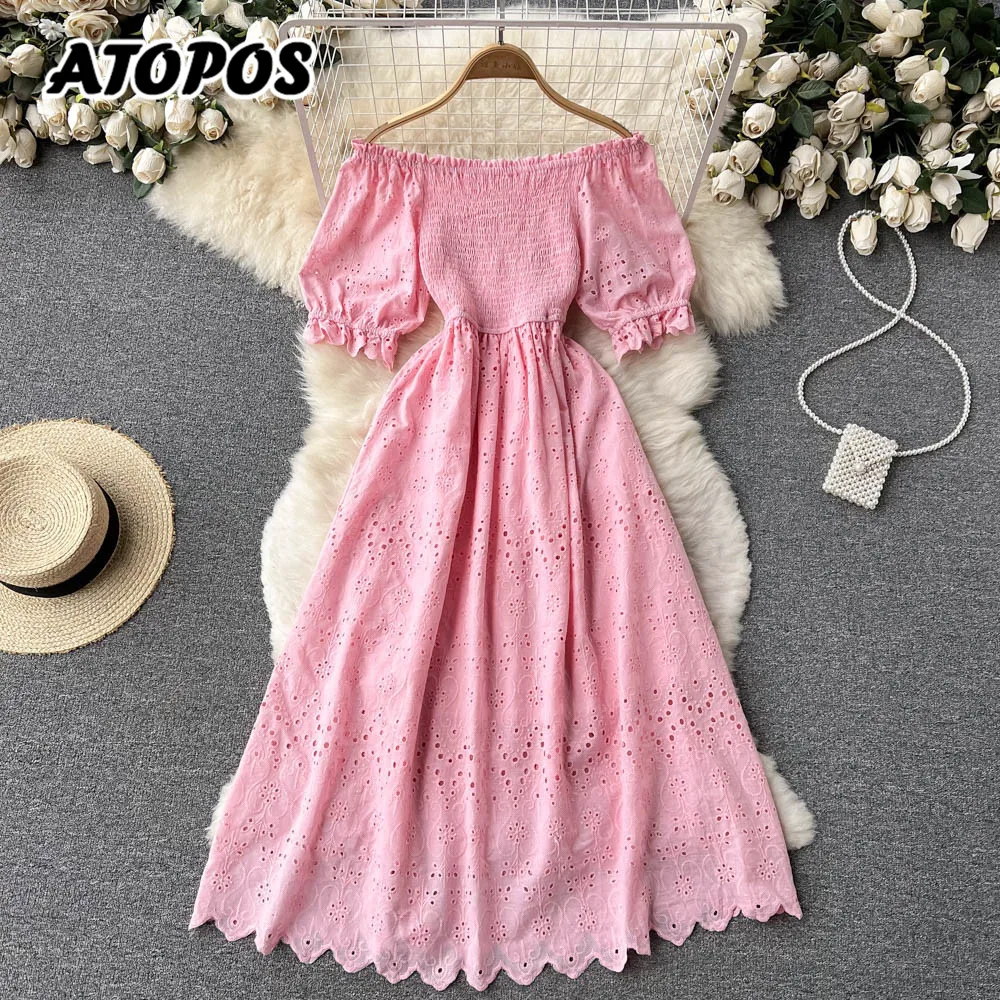 

Atopos Women Sweet Elegant Summer Dress Off Shoulder Solid High Waist Beach Dresses Fashion Casual Sundress Vestidos Female Robe