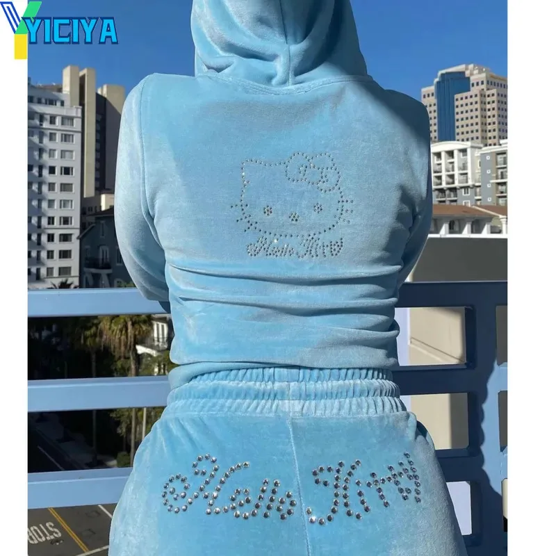 

Женский велюровый спортивный костюм YICIYA Y2k, зимний модный синий костюм с капюшоном, бархатный свитшот на молнии с длинными рукавами и брюки для женщин