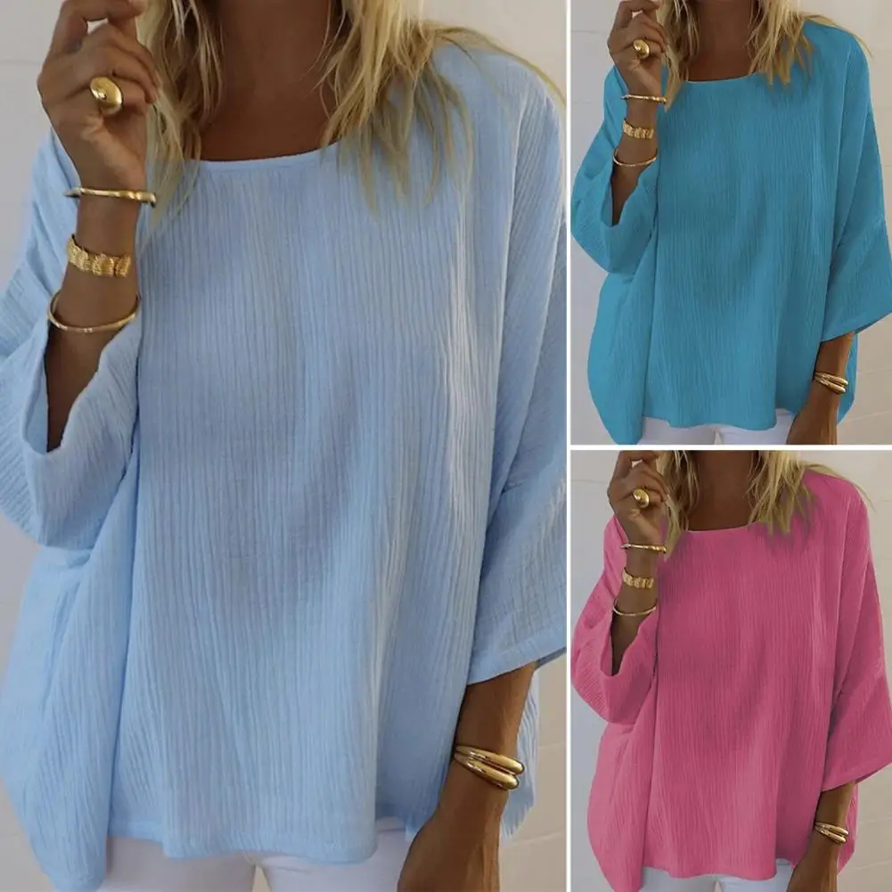 

O-neck 3/4 Sleeve Women Blouse Loose Fit Pure Color Women Blouse Daily Clothing