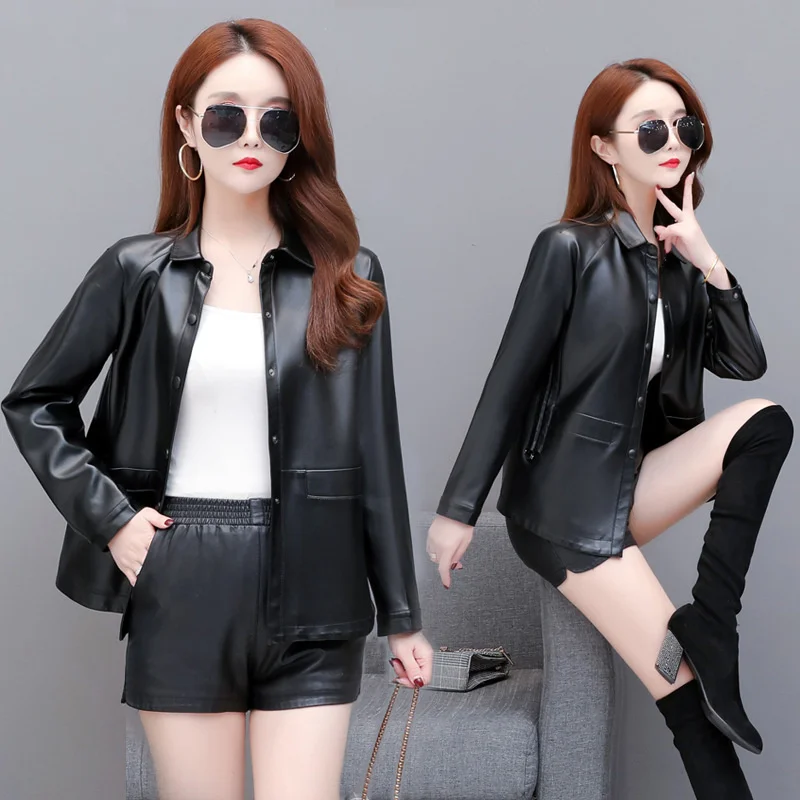 100% genuine real 2023 large spring autumn women's short Lapel motorcycle Ke Haining sheep town leather jacket slim fit