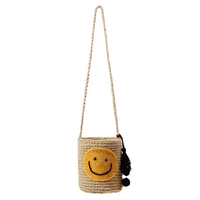 2021 cash small fresh lovely smiling face messenger bag tassel ball hand woven straw bag cute crossbody bag
