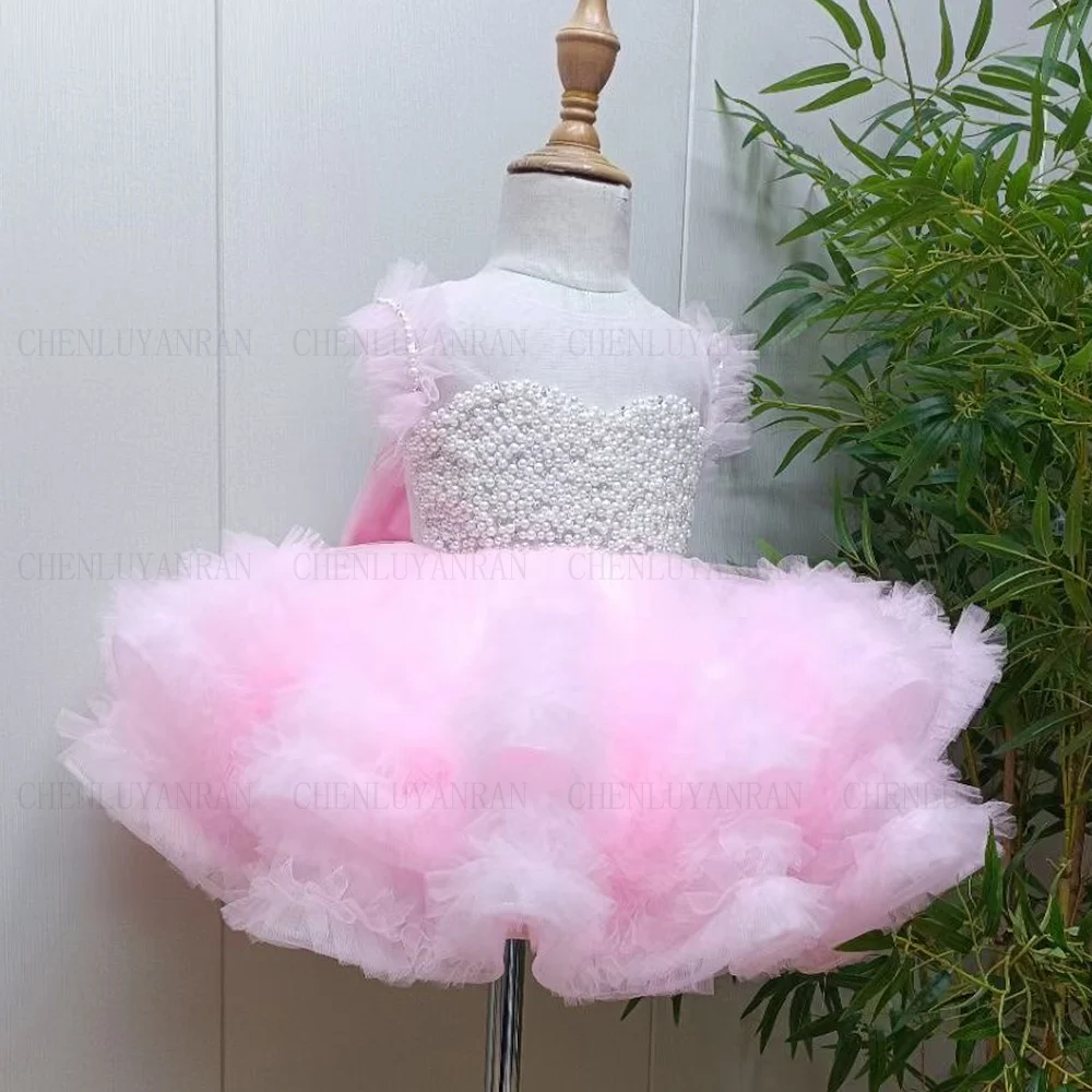 

Pink Luxury Flower Girl Dress Real Picture Beads Pearls Girls Princess Wedding Party Dress Puffy First Communion Gown Dresses