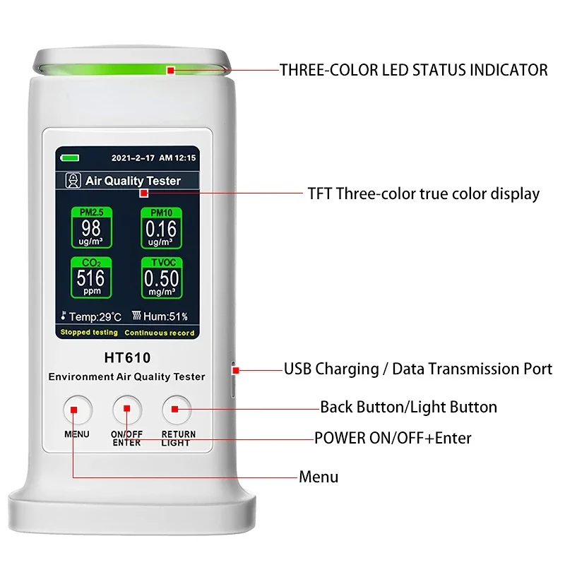 Профессиональный Анализатор диоксида углерода HT610 PM2.5 PM10 TVOC датчик воздуха