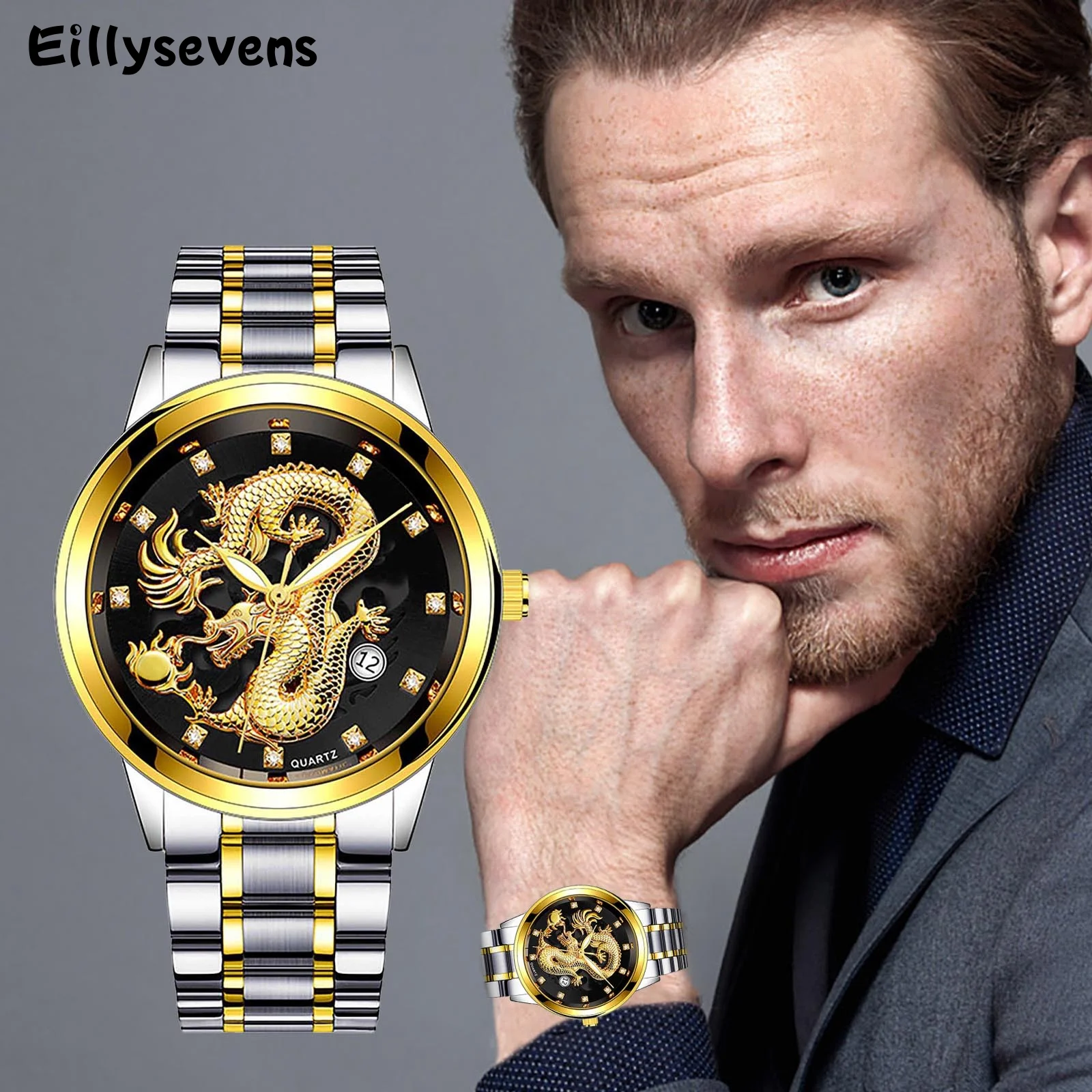

Men's Stainless Steel Strap Watch Golden Dragon Figure Quartz Wristwatches Fashion Domineering Men's Watch Relogio Masculino
