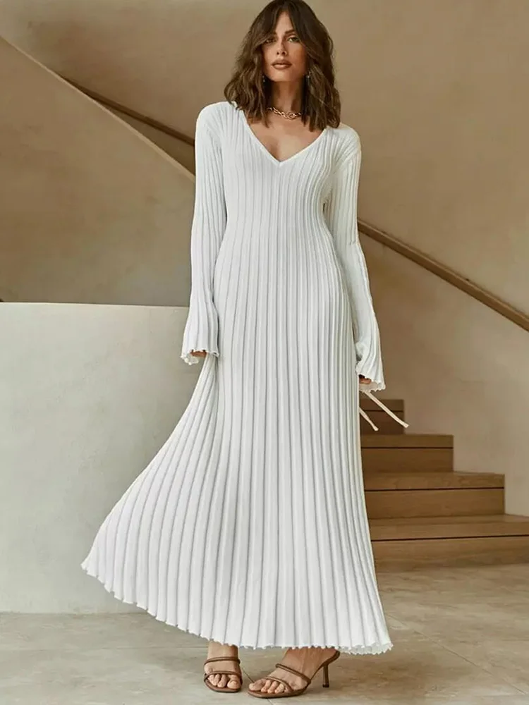 Knitted Dress Women Long V Neck Dresses Female Solid Elegant Full Sleeve A-Line Dress Autumn Winter Ladies Ribbed Maxi Robe